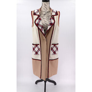 Edward Archour Paris Tweed Long Vest Women 6 / FR 38 Tan Waistcoat Gilet Elegant
